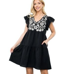 THML Black Embroidered Floral Crochet Trimmed Tiered Babydoll Mini Dress - M